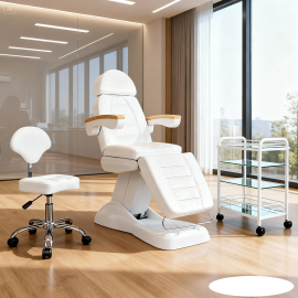 Elektrische Kosmetikliege mit drei Motoren und Armlehnen in Holzoptik