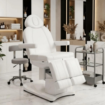 Moderner Fußpflegestuhl elektrisch, weiß, mit flexibler Fußstütze